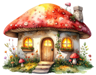 Fantasy mushroom cottage with illuminated windows in watercolor isolated on transparent background PNG