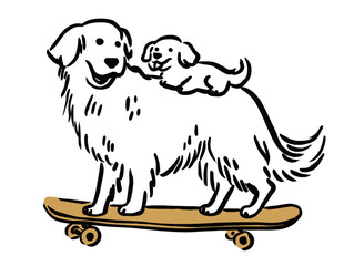 Fototapeta premium A large dog happily rides a skateboard with a small puppy balancing on its back. Both dogs look cheerful and playful, enjoying their time together outdoors.