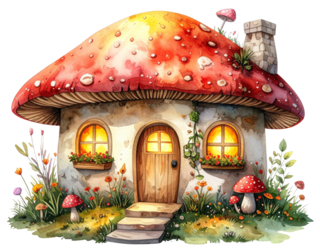 Fantasy mushroom cottage with illuminated windows in watercolor isolated on transparent background PNG