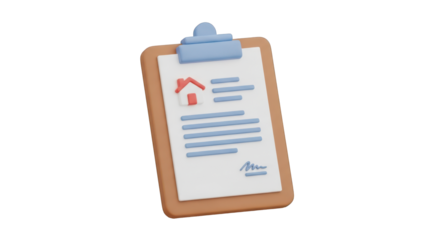 3D Rendered Clipboard with House Icon and Document isolated on a transparent background paper