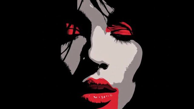 Stylized portrait of a woman with red lips against a black background