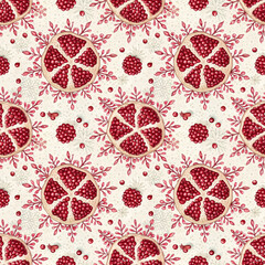 Pomegranate seamless pattern featuring sliced pomegranates, red berries, and delicate leaves.