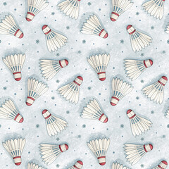 Repeating winter-themed design featuring badminton shuttlecocks and snowflakes on a light blue textured background.