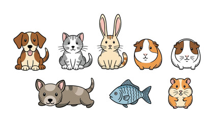 Fototapeta premium A collection of cute cartoon domestic animals including dogs, cats, rabbits, guinea pigs, fish, and hamsters on a white background.