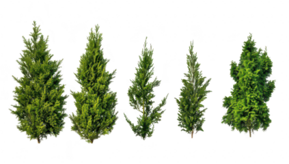 A collection of four lush green coniferous trees various heights and shapes. set against a clean white background. ideal for nature-themed design projects
