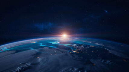 Obraz premium Stunning view of earth from space with sunrise over the horizon and city lights below