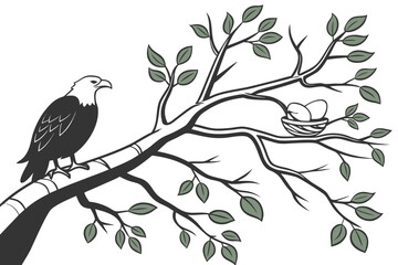 Eagle and Penguin on Rocky Cliff Vector - Monochrome Wildlife Encounter Illustration