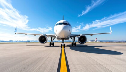 A frontal view of a passenger jet sitting on the runway, against a bright blue sky with scattered clouds