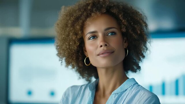 female project manager showing KPI increase on screen to colleagues upward metrics achievement faint applause digital ping of new sale three quarter wide angle cinematic color cor