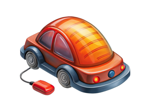 A whimsical illustration of a small orange electric car charging against black backdrop