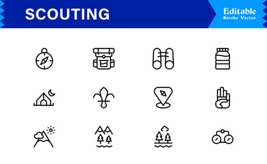 Professional Scouting Line Icon Set Featuring Modern, Minimal, Unique Designs for Outdoor Exploration, Adventure, Tracking, and Navigation