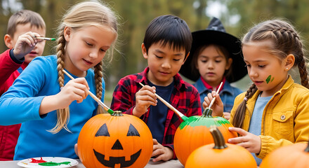 Enthusiastic children paint pumpkins, creating festive jack-o'-lanterns in a lively, vibrant scene, capturing the essence of autumn and Halloween fun. 