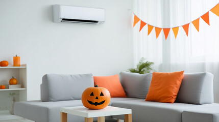 Modern living room with sofa small table jack o lantern pumpkin orange pennants cozy halloween decor.