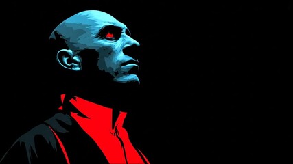 Illustration of a man with blue skin and red accents in dark setting - Powered by Adobe