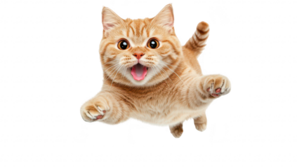 A playful orange tabby cat leaps joyfully in mid-air. its fur and expressive face. with a bright white background enhancing its lively demeanor