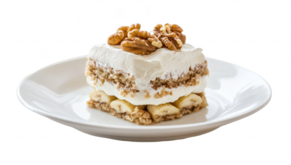 A delicious layered dessert featuring creamy whipped topping. crunchy nuts. and banana slices. elegantly presented on a white plate. perfect for a sweet treat at gatherings or celebrations