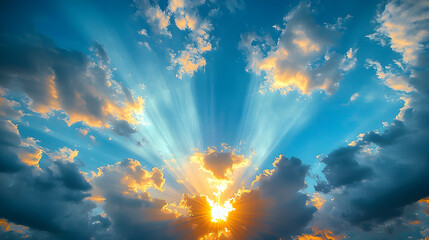 Blue sky filled with vibrant colorful clouds as radiant sun rays break through, breathtaking natural scene showcasing atmospheric beauty and dramatic sunlight beams in the horizon