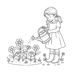 Girl watering flowers garden outline illustration