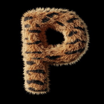3D rendering of a letter "P" made of tiger fur material, set against a black background.