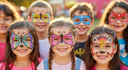 A group of cheerful children, their faces adorned with vibrant face paint, radiate joy and innocence, celebrating a day of fun and creativity. capturing the enchanting spirit of childhood.