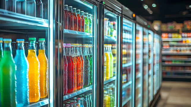 Blurred grocery store refrigerator with beverage bottles in glass showcase, supermarket drink cooler display shelves providing retail backdrop with drinks and refreshments