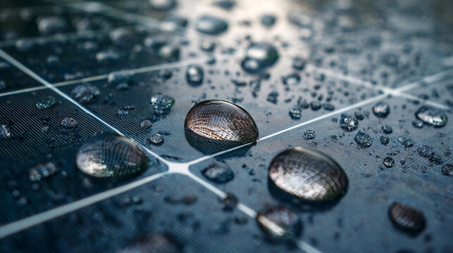 A close up reveals a textured, segmented surface covered in droplets. Light reflects off the rounded shapes, creating glints and reflections within each bead