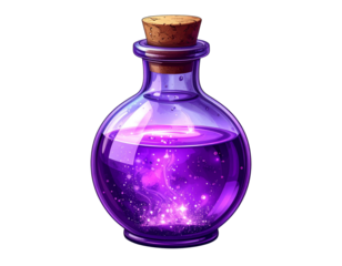 Magical purple potion in vintage glass bottle with cork stopper isolated on transparent background PNG