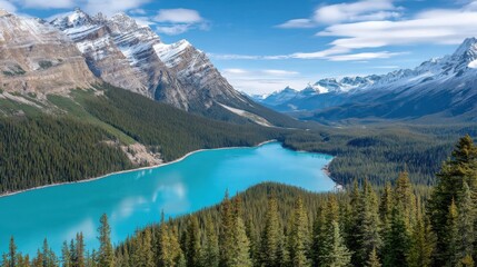 Canadian Rocky Mountains with turquoise lake, pine forests, snow covered peaks, breathtaking dramatic landscape