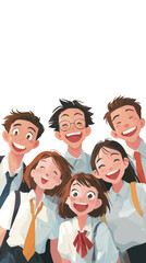 Obraz premium Seven joyful students are standing closely, all smiling brightly and enjoying a moment together. They wear school uniforms and display a sense of friendship.