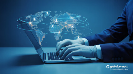 Man using laptop with global network, symbolizing international connection and worldwide communication concept