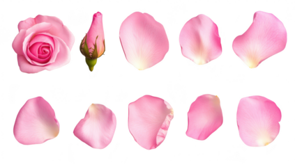 A beautiful arrangement of pink rose petals and a closed rosebud on a clean white background. the delicate textures and colors. ideal for floral-themed designs or romantic contexts