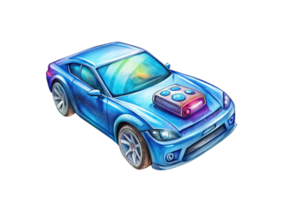 Isometric illustration of a futuristic bright blue sports car with custom hood