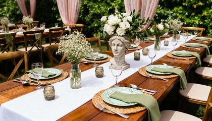 Elegant outdoor table with stone bust centerpiece and white flowers