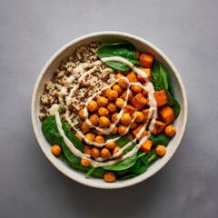 Nutrient-packed vegan bowl with roasted chickpeas, spinach, quinoa, and a tahini dressing, ideal for health enthusiasts on World Vegan Day
