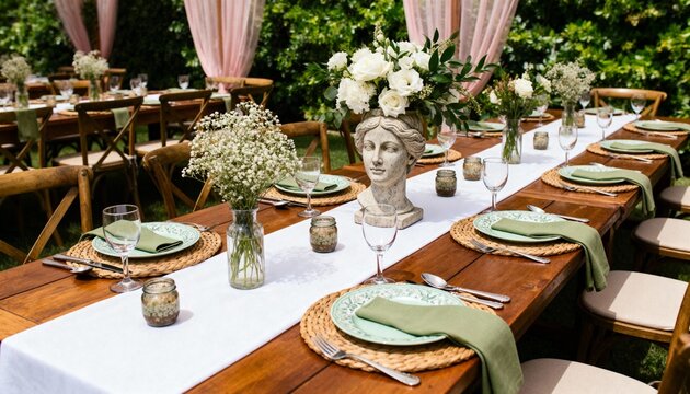 Elegant outdoor table with stone bust centerpiece and white flowers - Powered by Adobe