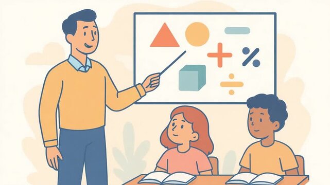 Male Teacher Explaining Mathematics and Geometry to Young Students