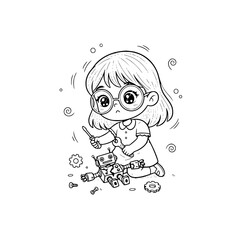 Girl outline playing with toy robot machine