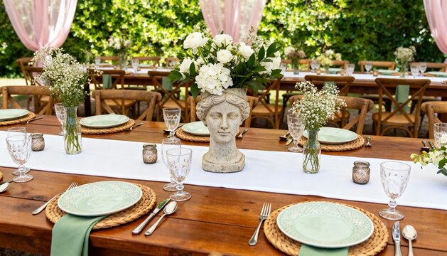 Elegant outdoor table with stone bust centerpiece and white flowers - Powered by Adobe