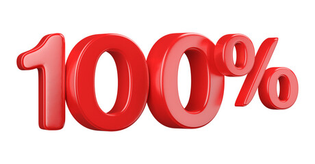 Red glossy 100 percent symbol 3D rendering on white background for success completion