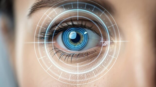 Futuristic interface interactive HUD cyber eye biometric scan security vision technology concept detail with blue neon focus, blue iris technology