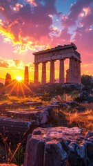 Ancient Ruins Lit by Dramatic Sunset with Glowing Orange Hues and Overcast Sky Pixelated Aesthetic
