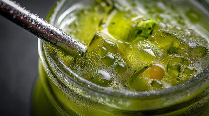 The image features a close up view of a glass filled with a light green liquid and several square ice cubes, with condensation creating droplets on the glass and ice