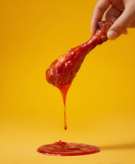 Hand holding a fried chicken drumstick dipped in sauce against a yellow background   made with generative AI