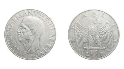 Vintage Italian 1 Lira coin from 1939, front and back sides, showing portrait of Vittorio Emanuele III and eagle with fasces, historical numismatic collectible, isolated.