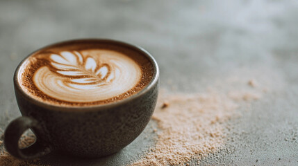 A close up shot displays a beverage with crafted foam, artfully arranged in a leaf like design, nestled within a textured mug featuring a small handle