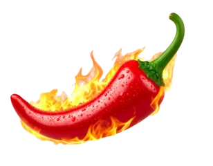 Plexiglas schilderij Hete pepers Fiery red chili pepper with flames and water droplets isolated on transparent background PNG  © MdAbdul