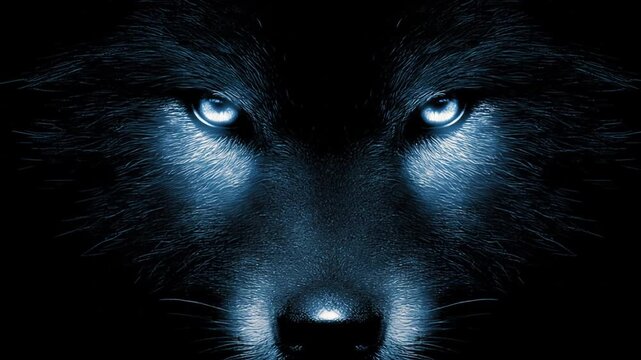 Close up of a wolfs face with piercing blue eyes on dark background