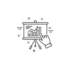 Minimalist Vector Illustration of Presentation Board with Bar Chart and Finger in Black and White Outline Style