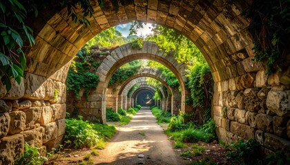 Fototapeta premium Ancient Stone Arches Covered in Greenery with Warm Sunlight Filtering Through at Forest Path Landscape