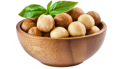 A wooden bowl filled with a variety of nuts. including hazelnuts and macadamia nuts. with a fresh basil leaf on top. set against a clean white background. ideal for culinary and healthy eating themes